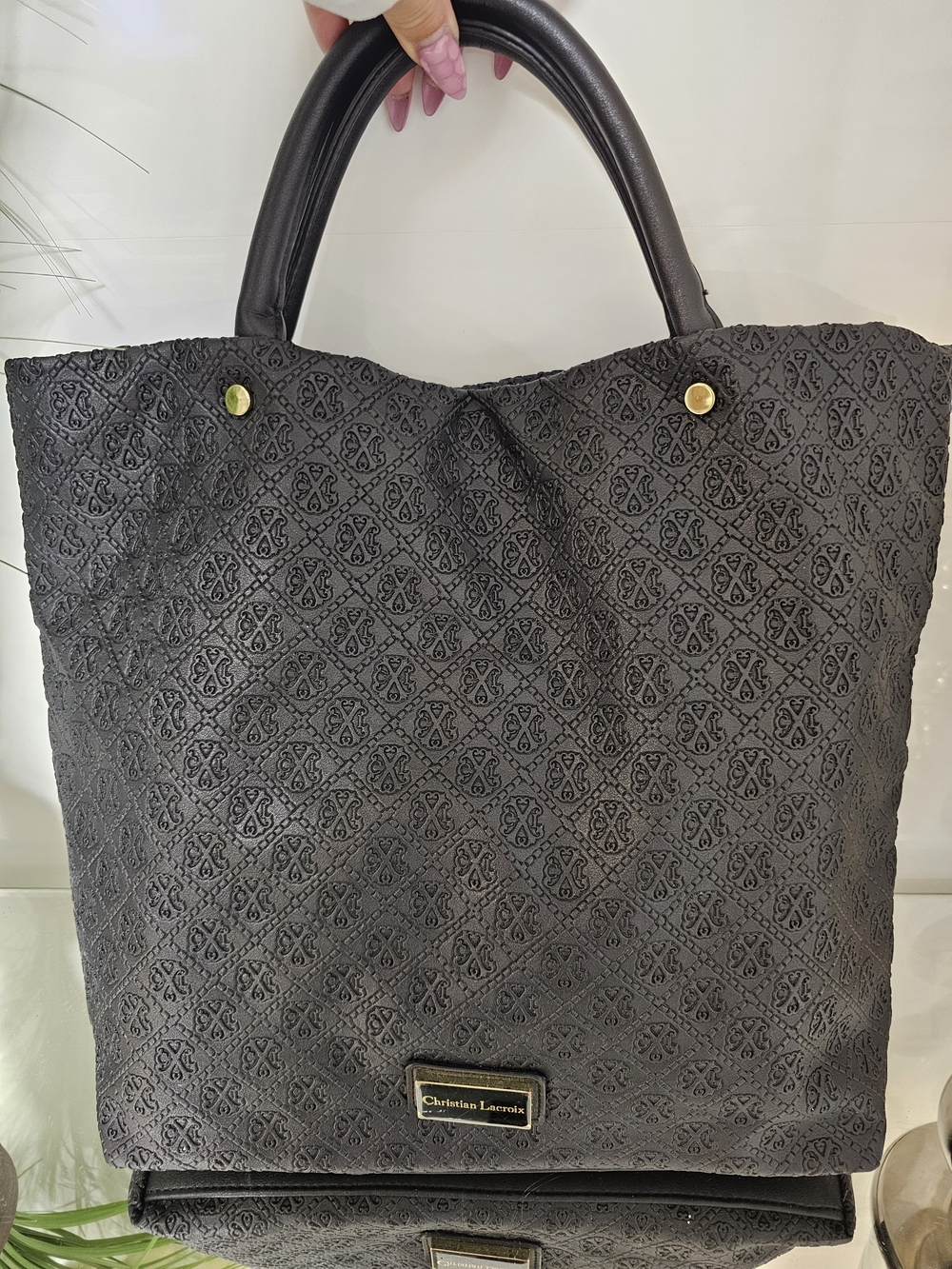Christian Lacroix Black Quilted Logo Tote with Gold Accents